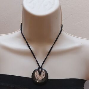 Cookie Lee Dream Inspire Black Stone Silver Coin Pendant on Suede Cord Necklace